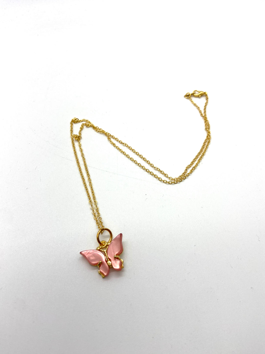 gold charm necklace- pink pearl butterfly