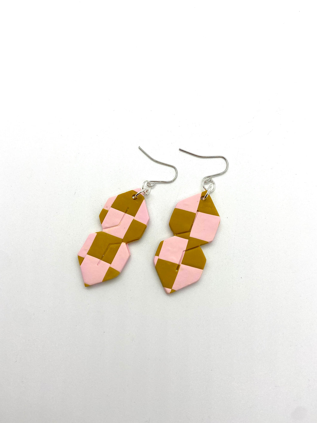 cool S earrings- pink and mustard checker